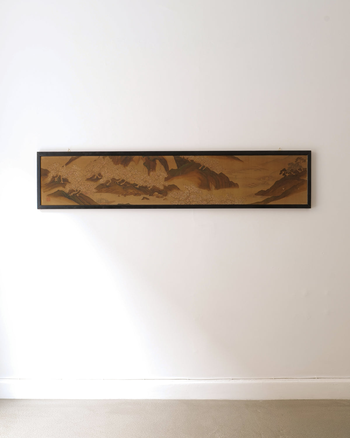 Antique Japanese silk panel in mineral pigment and ink, dating to around 1850
