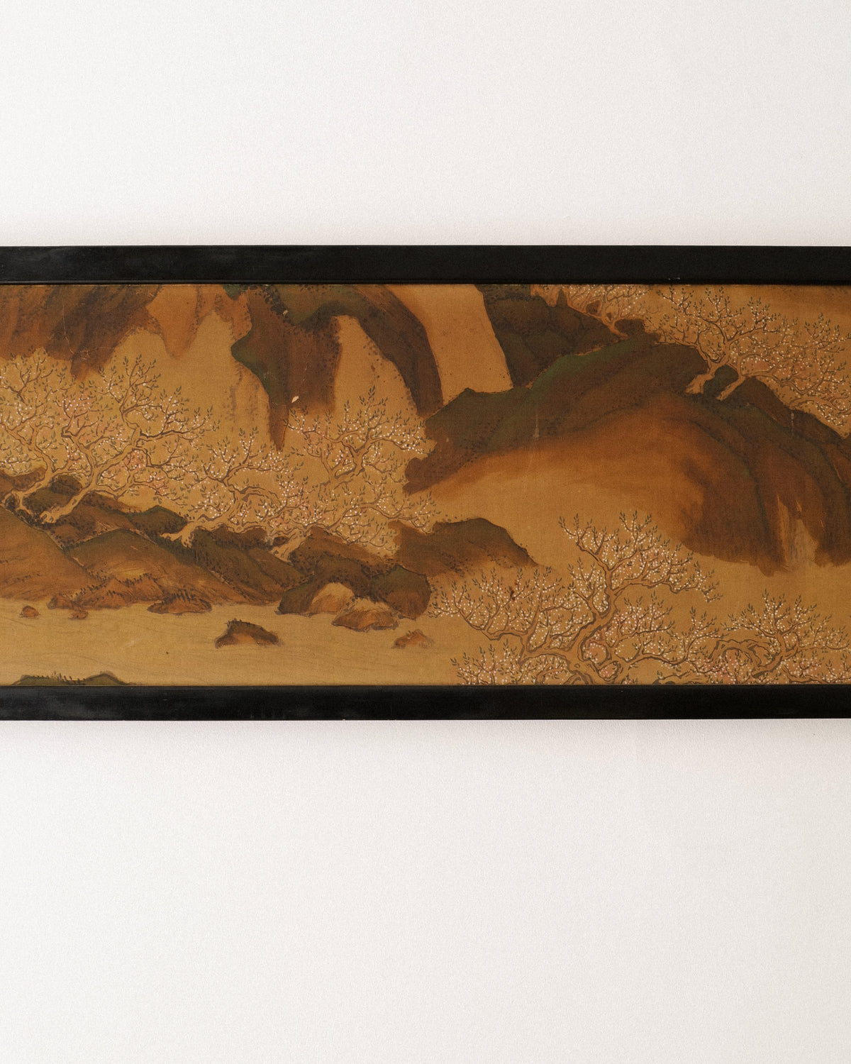 Detail of brown and gold mineral pigment and inkwork on the antique Japanese silk panel
