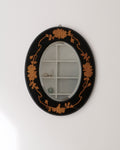 English Arts and Crafts oval ebonised wood mirror c.1910 with pokerwork rose and thorn decoration