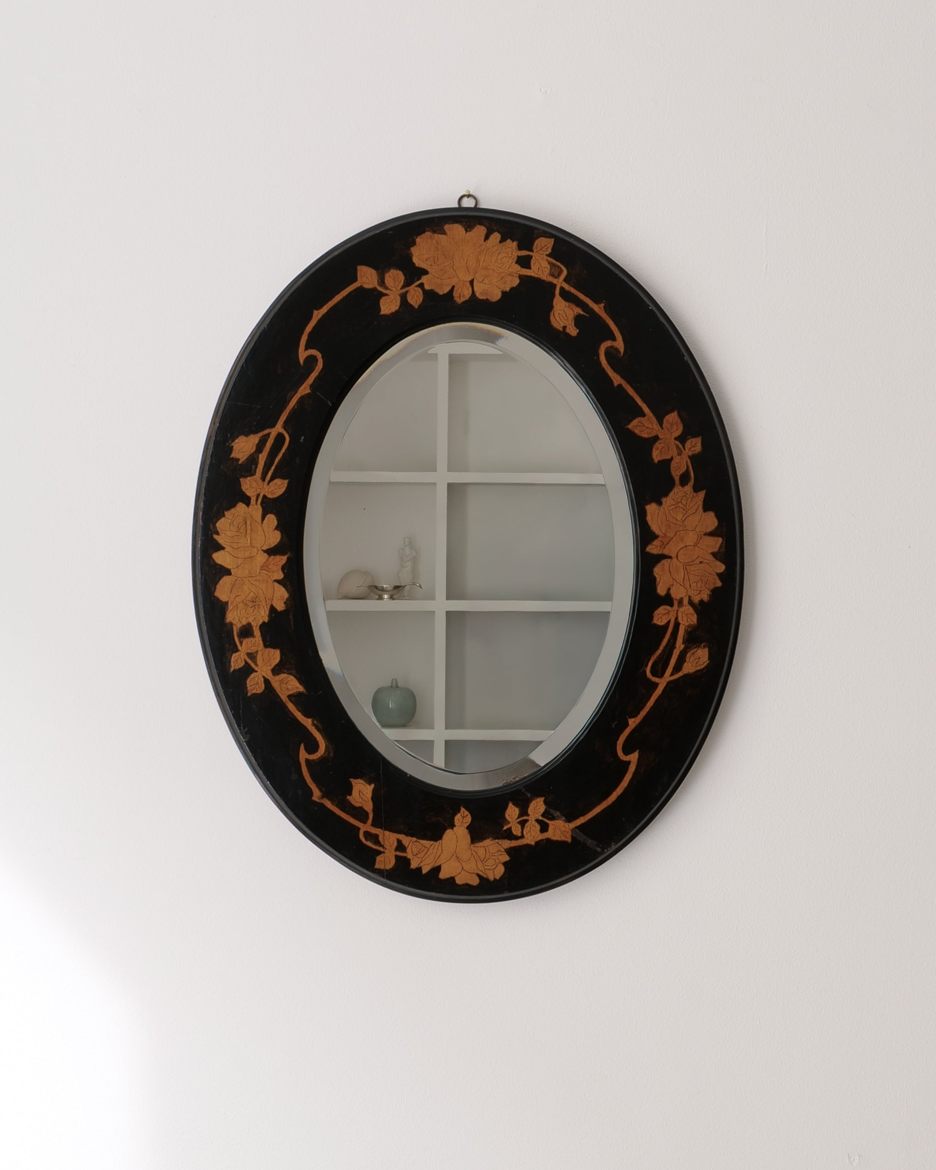 English Arts and Crafts oval ebonised wood mirror c.1910 with pokerwork rose and thorn decoration