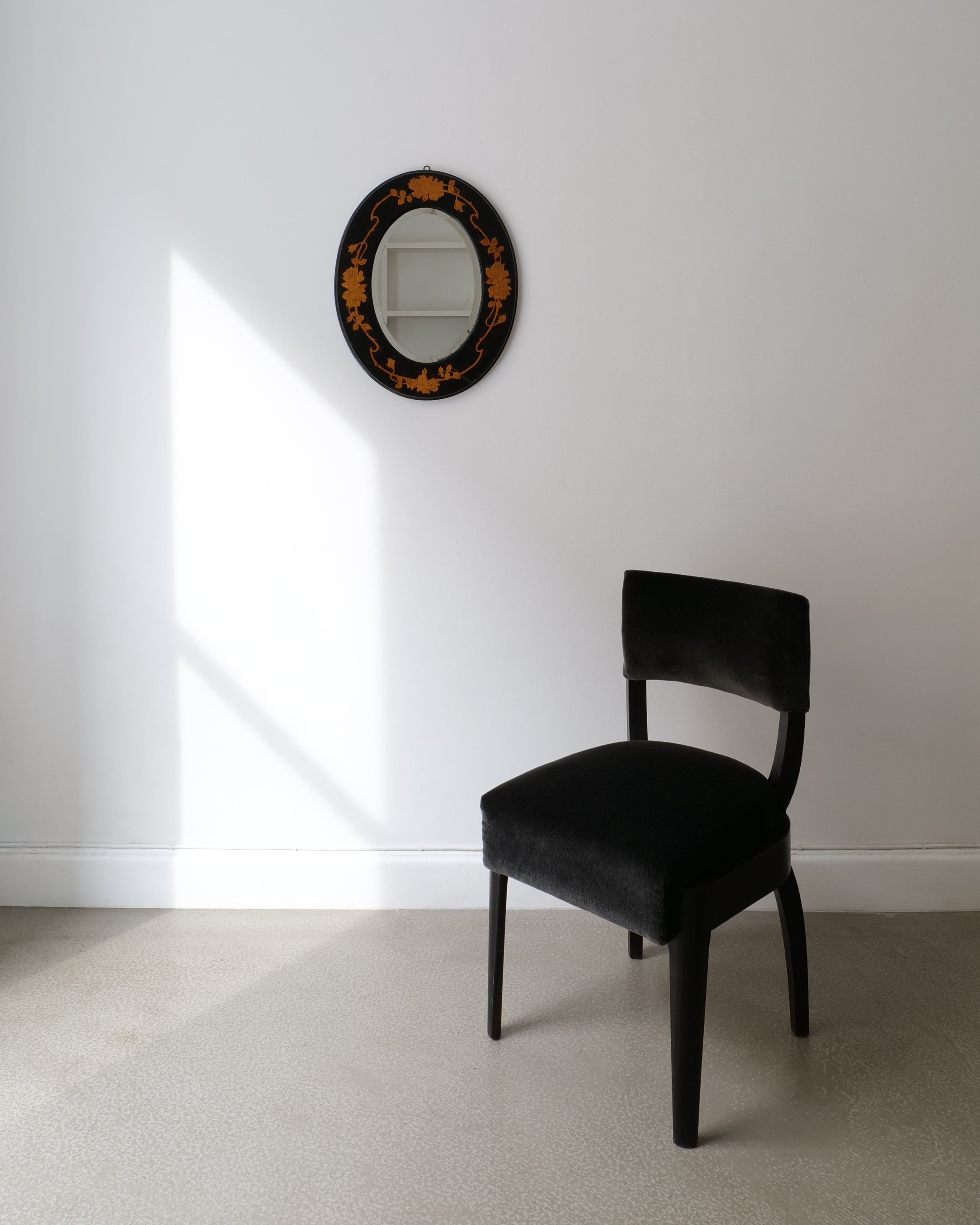 Collection Apart – Arts and Crafts oval pokerwork mirror styled in interior setting