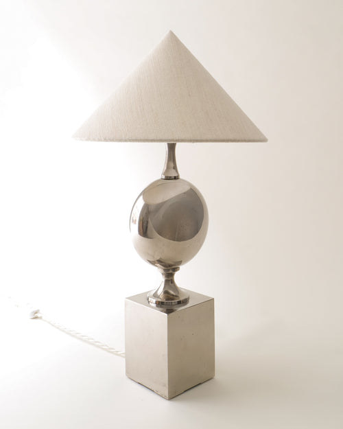 Philippe Barbier chrome table lamp, chrome sphere and travertine base detail, side view