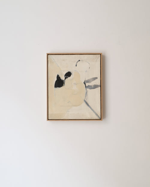Bertil Berntsson abstract oil painting 1957 with black and grey minimalist forms in oak frame.