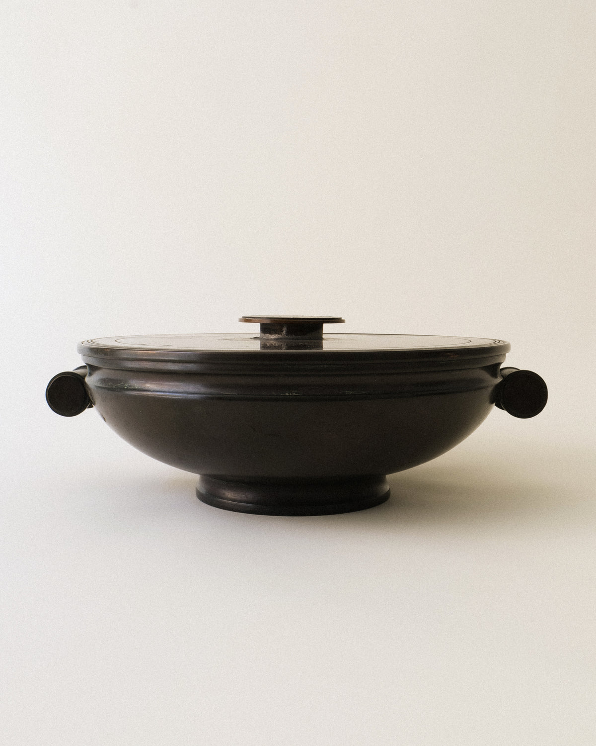 Swedish 1930s bronze lidded dish by Nilsson & Johansson with dark patina and side handles
