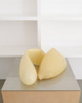  Glass Sculpture Pair, 2023, Jesper Sundberg Örtegren, hand blown glass, two organic cream forms on MDF podium, close-up view