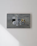Gunnar Hållander Grått o svart stilleben 1968, oil on panel, grey and white still life with ochre accents