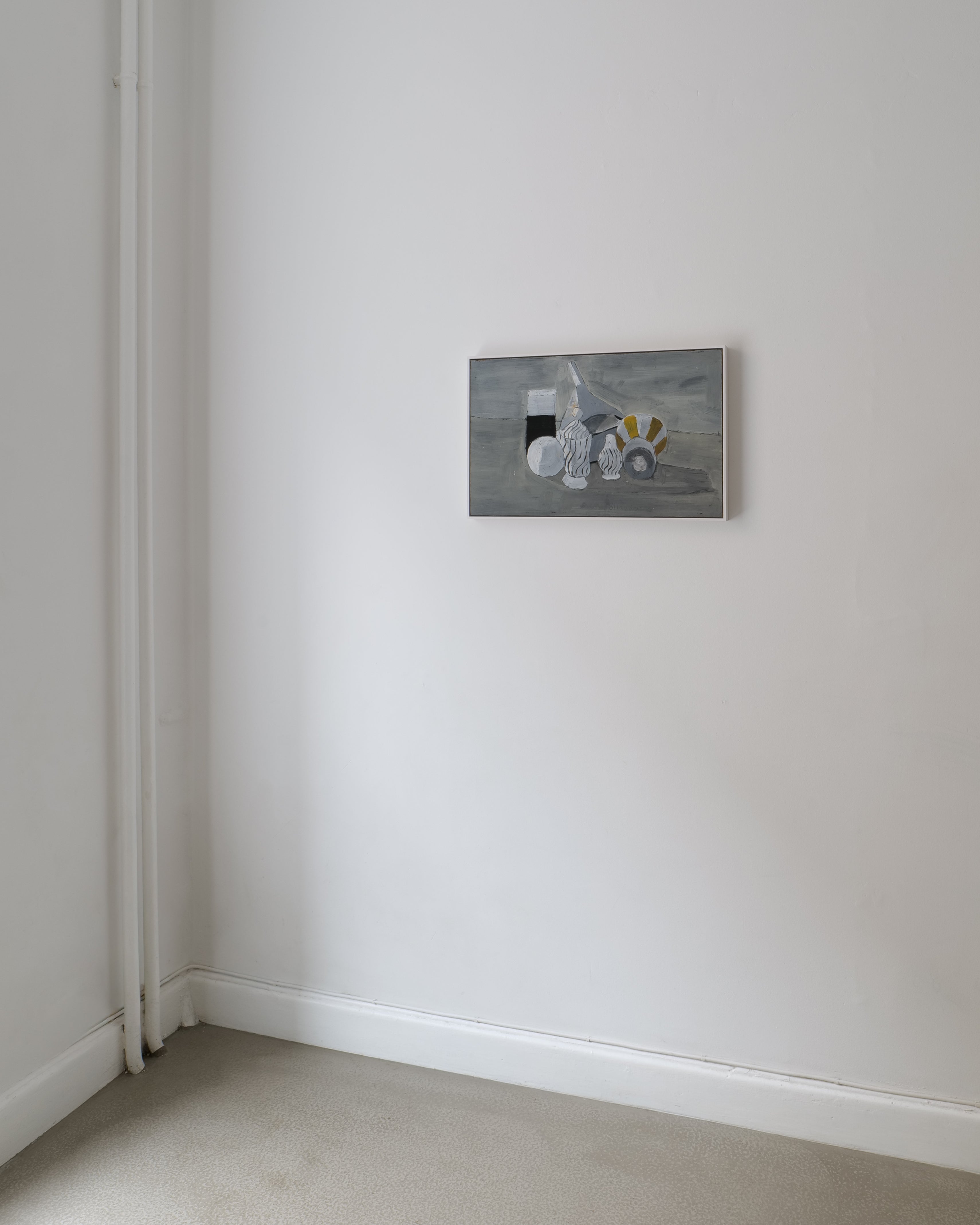 Gunnar Hållander oil painting showing vessels and geometric forms on grey ground
