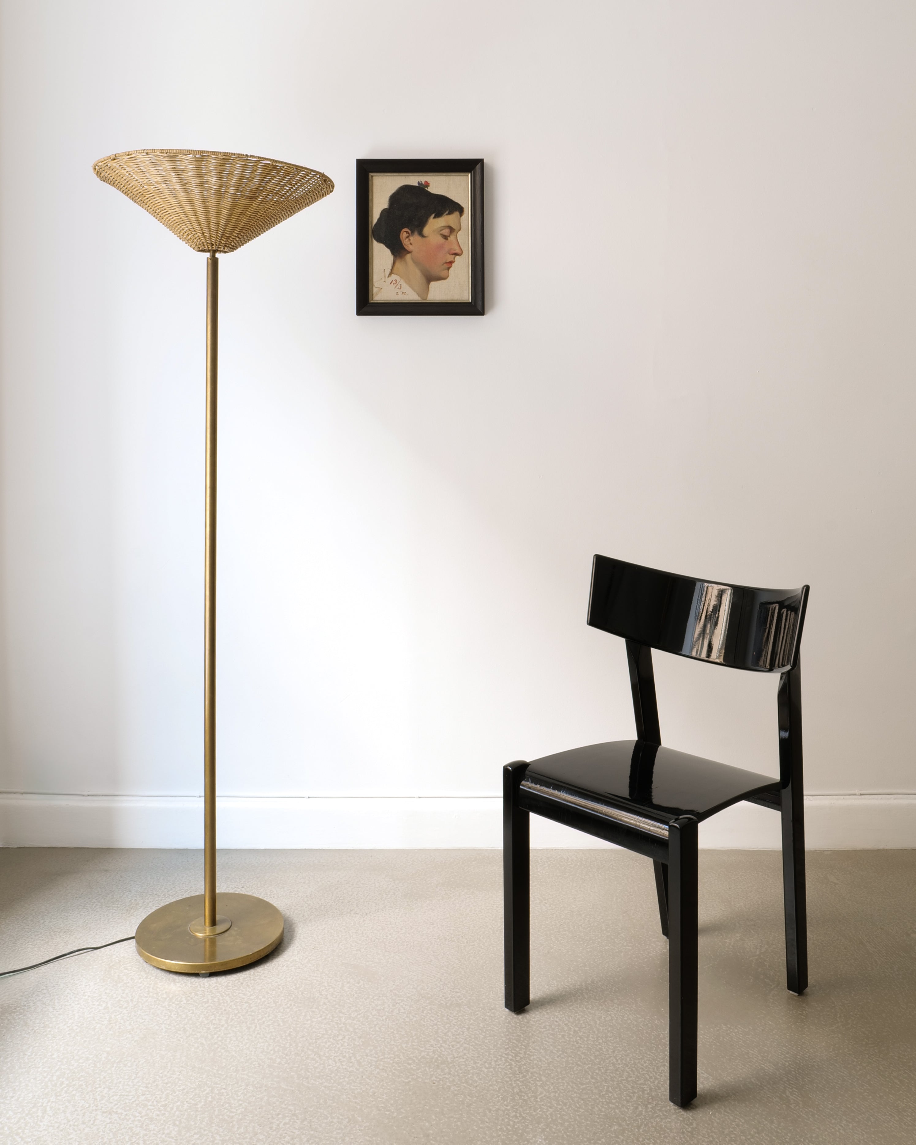 Harald Notini Böhlmarks floor lamp, styled in room with chair, scale view
