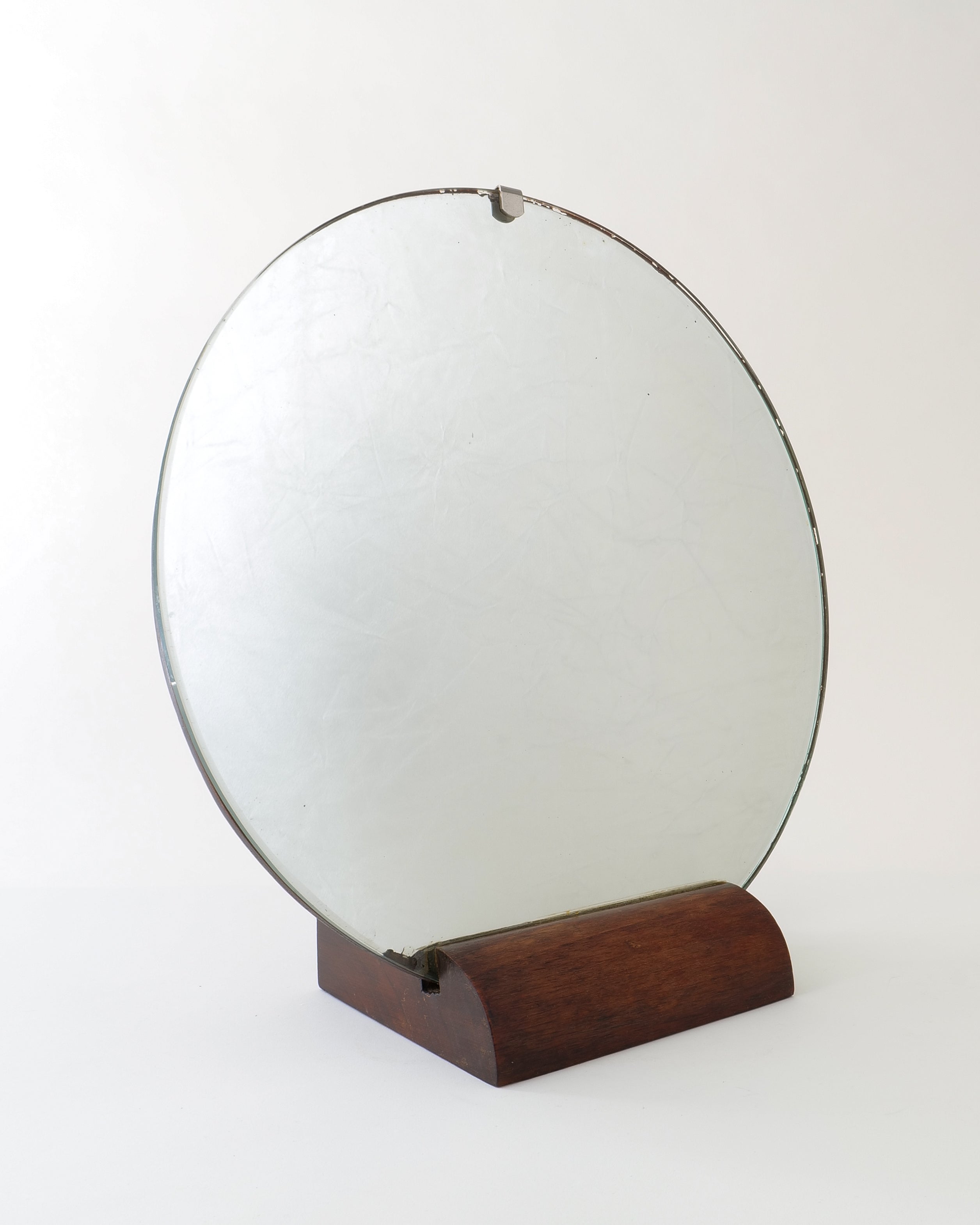Italian Art Deco table mirror c.1930, circular bevelled glass on walnut base, full front view
