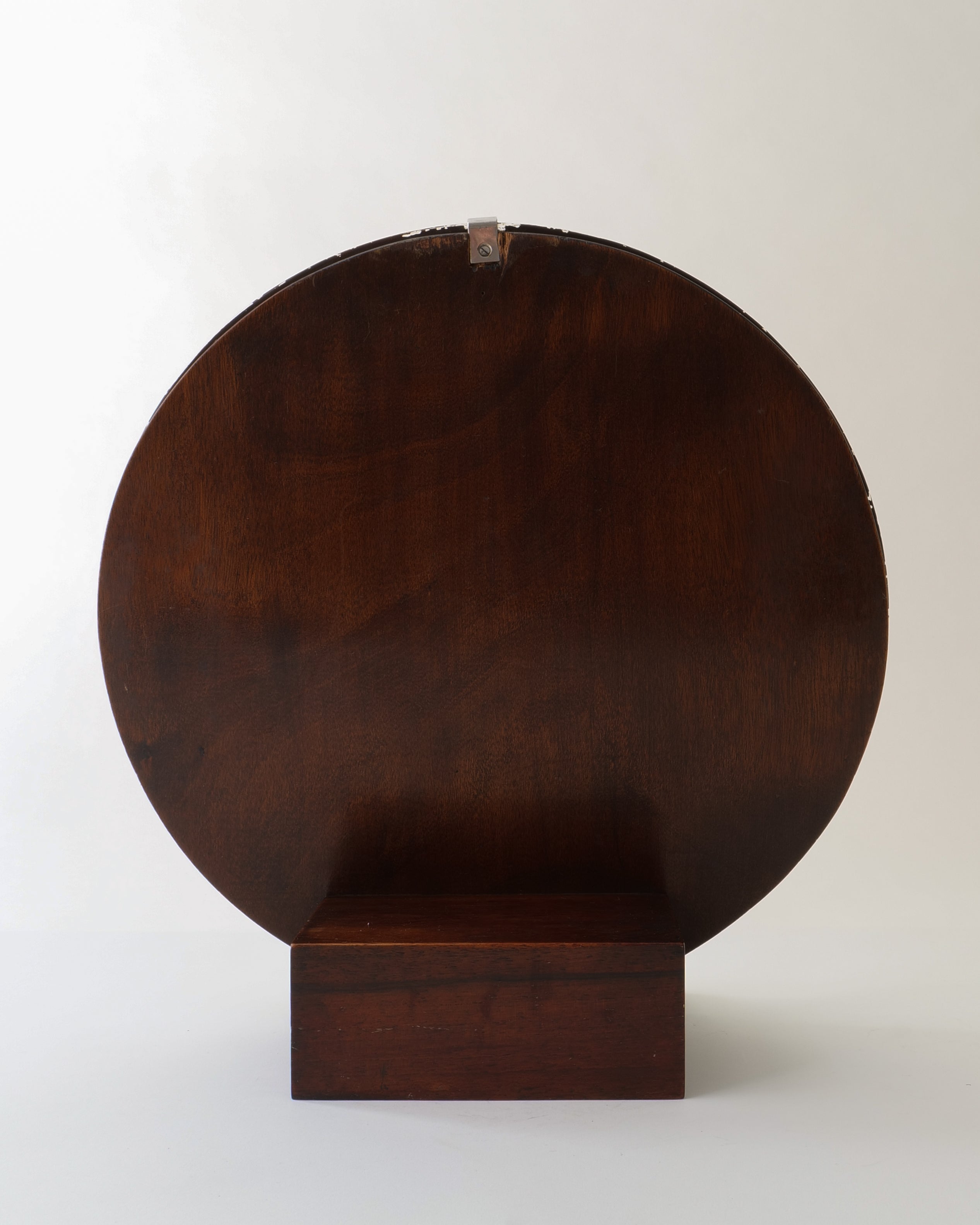 Italian Art Deco table mirror, rear view showing walnut back of circular mirror disc