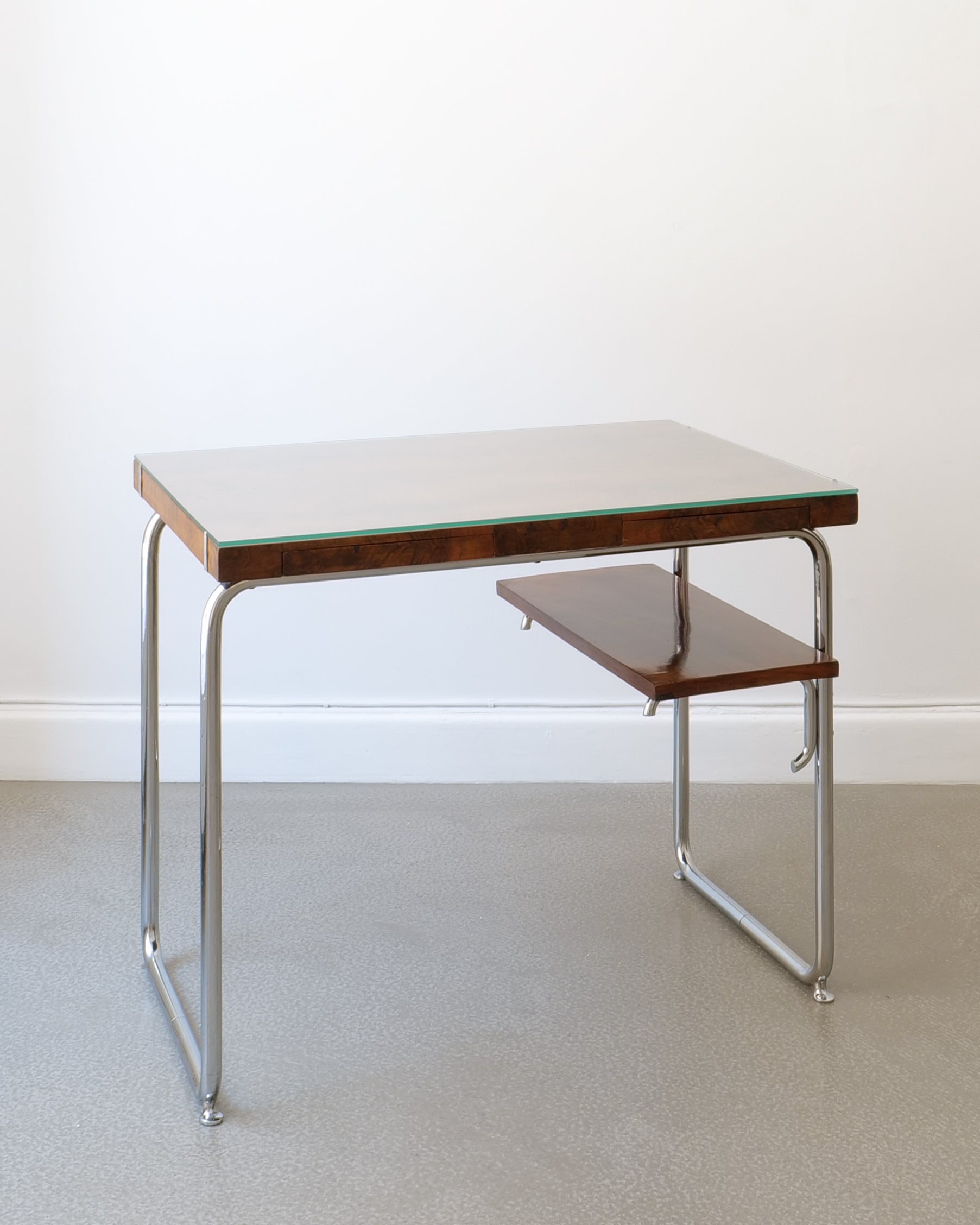 Italian Rationalist dressing table, glass top and side profile, chrome cantilever frame detail