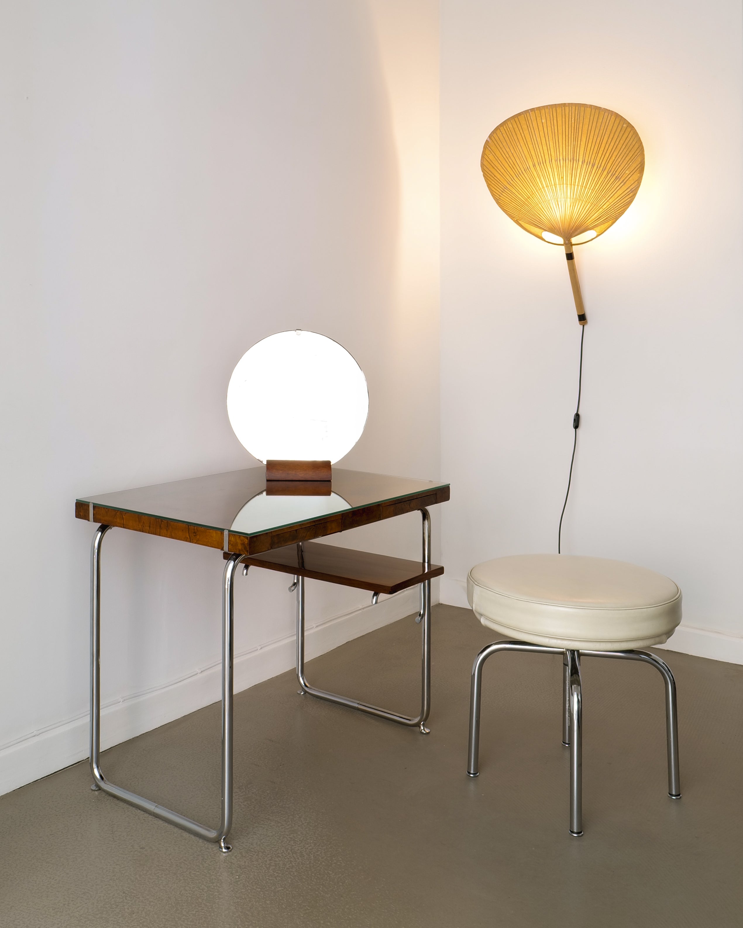 Italian Rationalist dressing table, styled with Ingo Maurer wall lamp and Charlotte Perriand stool, scale and context view