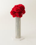 Josef Hoffmann Skyscraper vase, Bieffeplast reissue, white perforated metal with glass insert, styled with red flowers