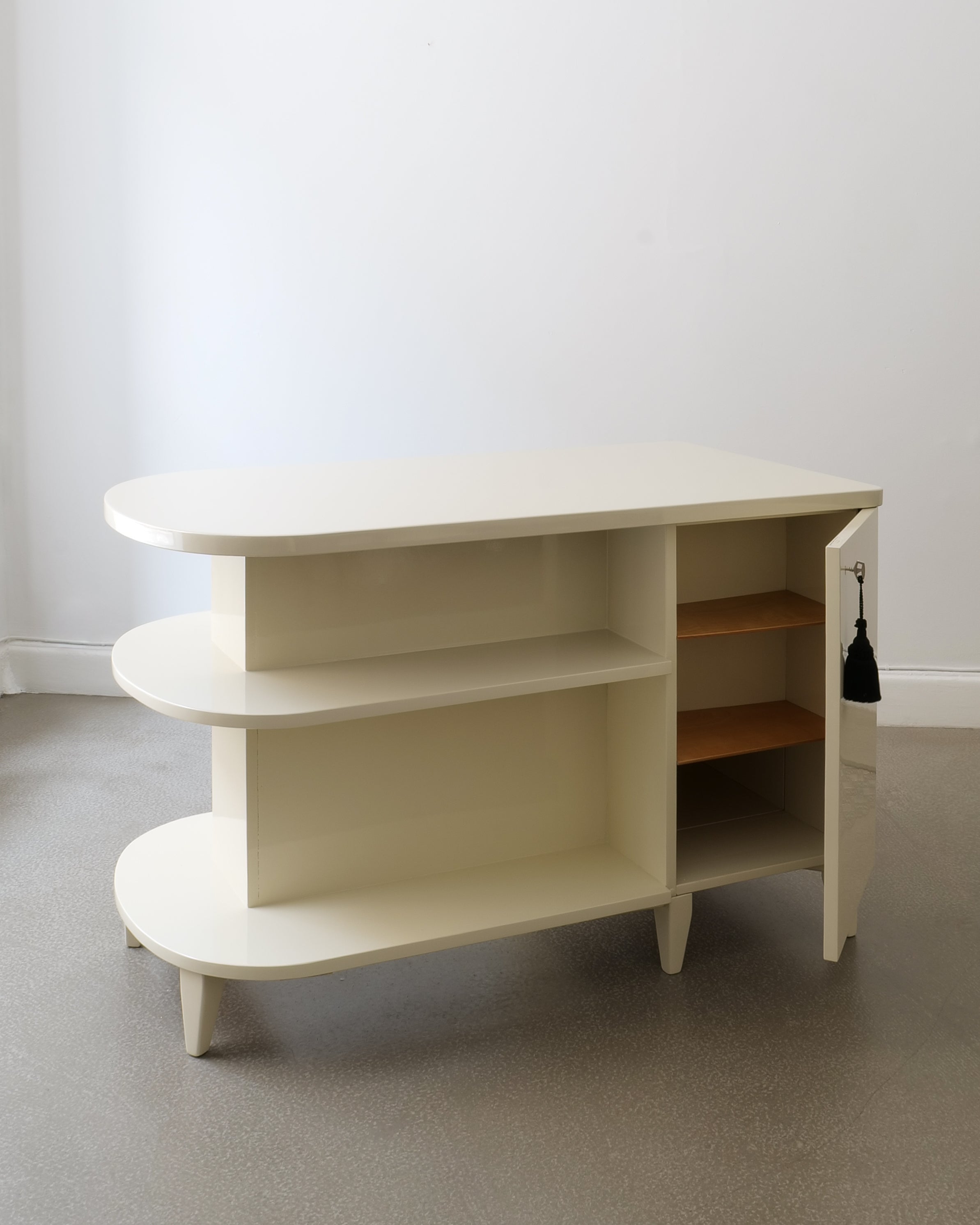 wedish Art Deco lacquered desk, front view with cabinet doors open showing interior shelves