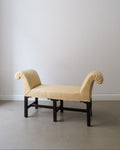 Side view of early 20th-century Swedish window seat on straight legs with stretcher frame