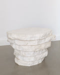 Table, 2025, Jesper Sundberg Örtegren, Natural Roman Travertine, stacked layered form, studio view