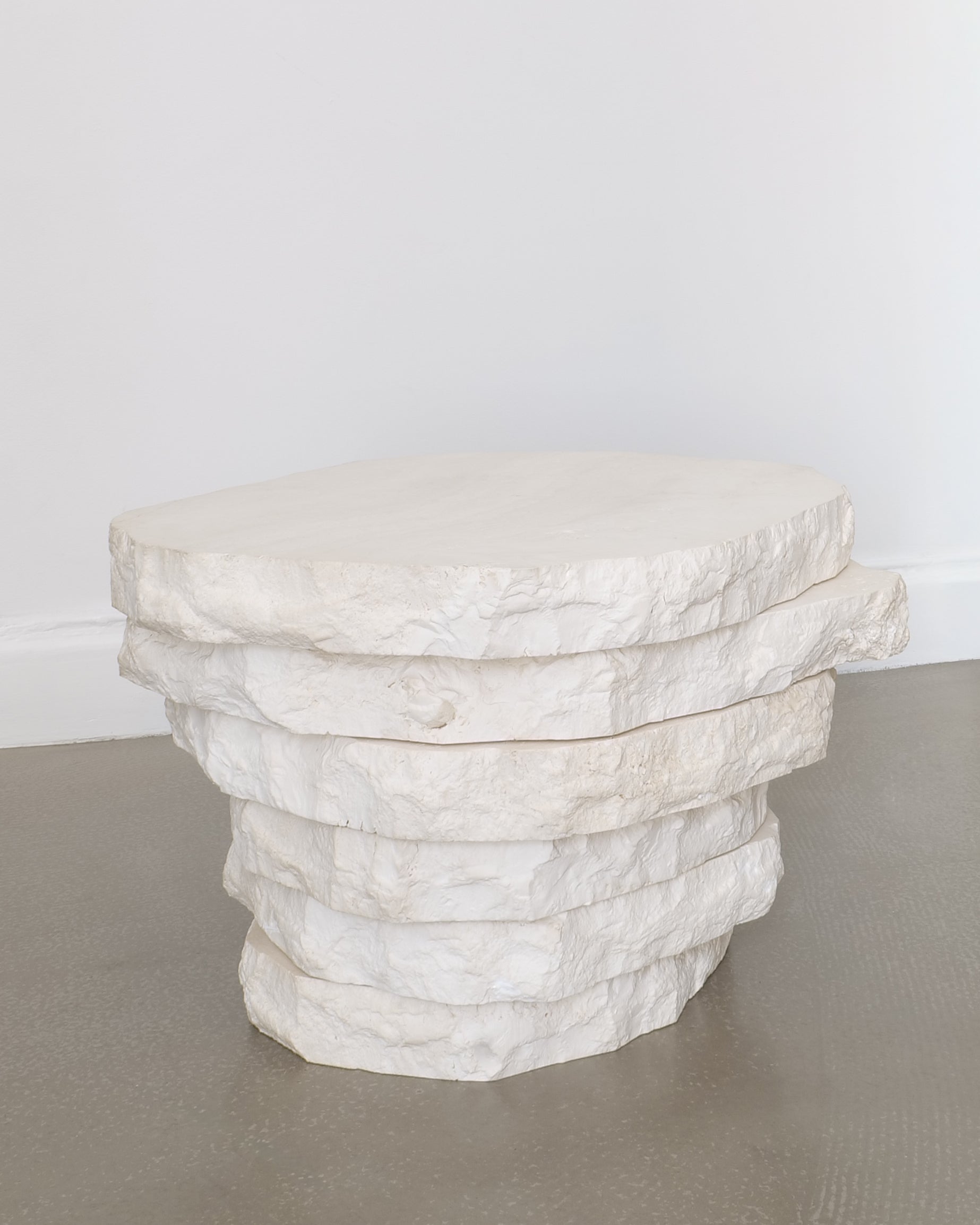 Table, 2025, Jesper Sundberg Örtegren, Natural Roman Travertine, stacked layered form, studio view