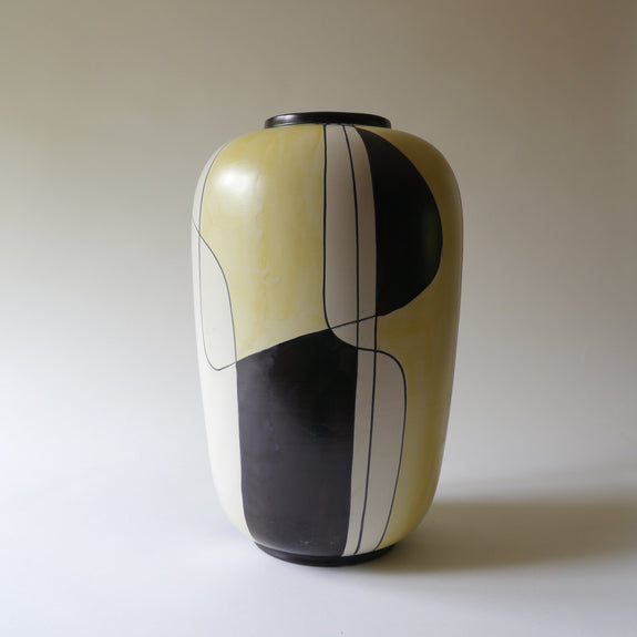 Large, Floor, Vase, Abstract, Hand-painted, Pattern, muted chocolate, Yellow, Cream, Blocks of colour.