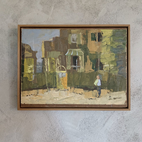 Alan Stenhouse Gourley, oil on board, painting, green, yellow,  south africa scene, neighbourhood scene, from 1930's, in beech wood, box frame.