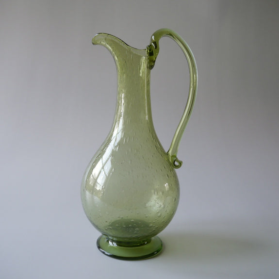 tall, green, glass, shaped, pitcher, jug, handblown, bubbles in glass