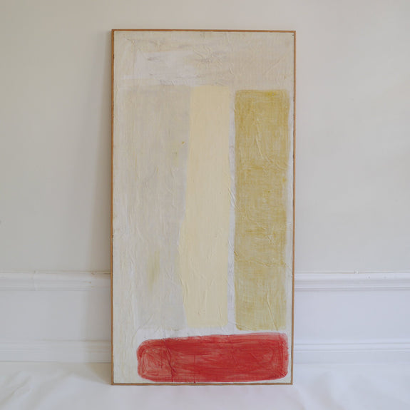 abstract, oil, painting, rectangular, fields of colour, off white, yellow, red, wood, frame