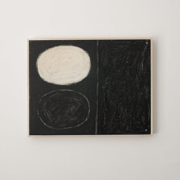 Abstract, painting, black, white, circles, scratchy, surface, oak, wood, frame