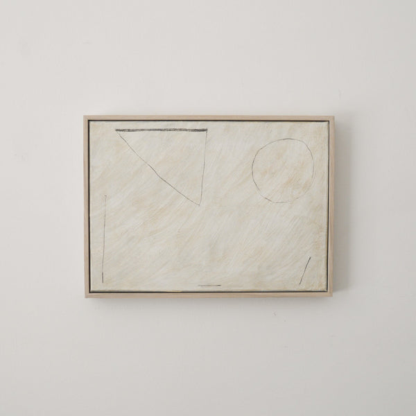 Abstract, painting, offwhite, scratchy background, pencilled lines, triangle, circle, oak, wood, box, frame
