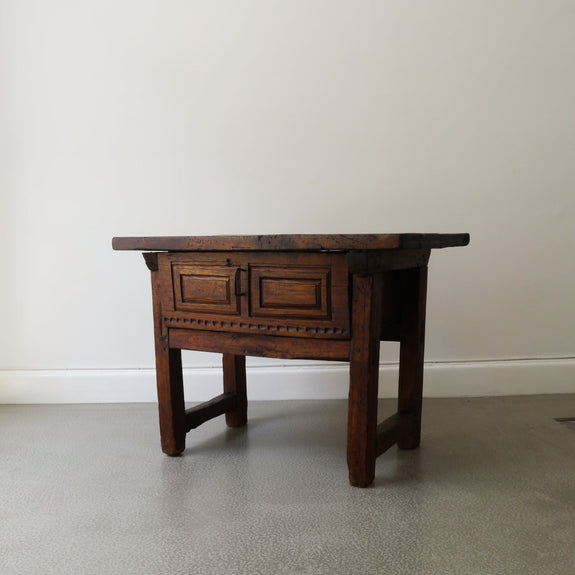 Walnut, wood, side, table, square, heavy top, large, drawer, hand carved details, wrought iron handle