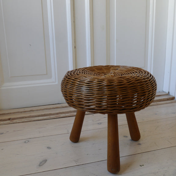 low stool, rattan, round top, tripod legs, wood
