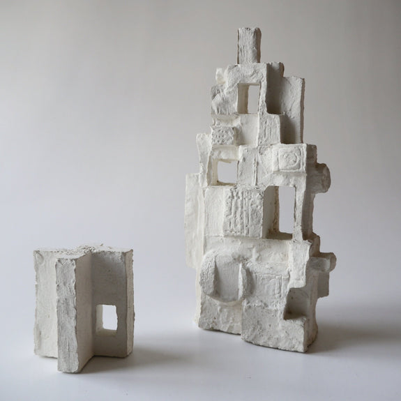 plaster, cubist, brutalist, sculpture, two, parts, white