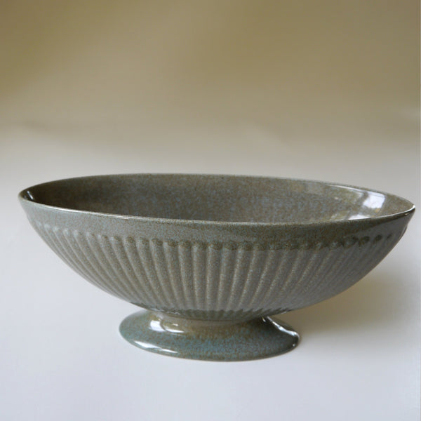 ceramic, wide, vase, mottled, grey, brown, glaze, stand